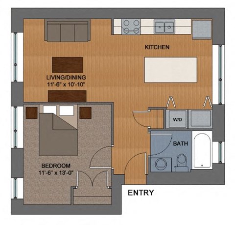 Floor plan for 1 bed, 1 bath, 541 sqft